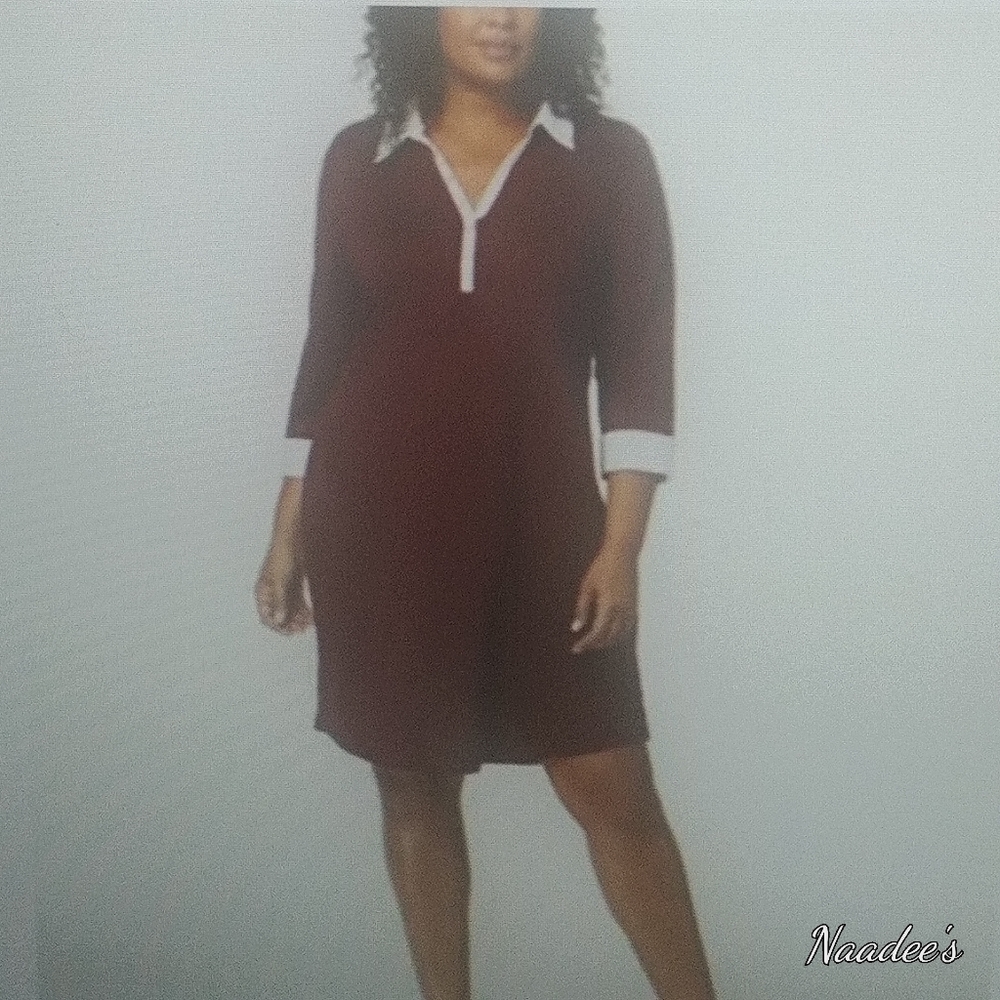 3/4-Sleeve Collared Dress, Burgundy & white, 3x